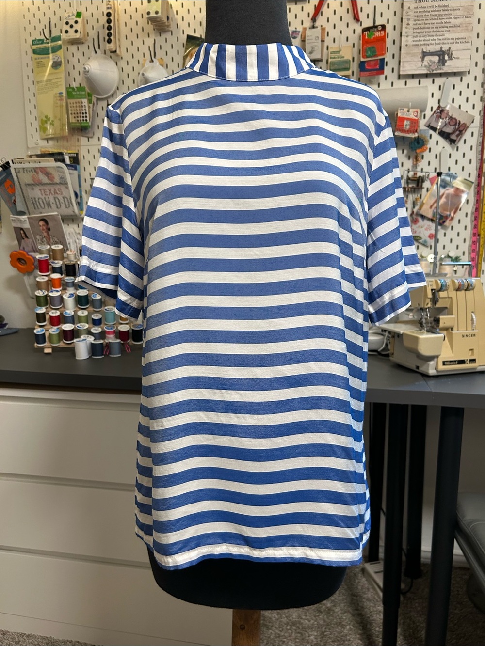 Banana Republic Blue and White Striped Short-Sleeve Mock Neck Top